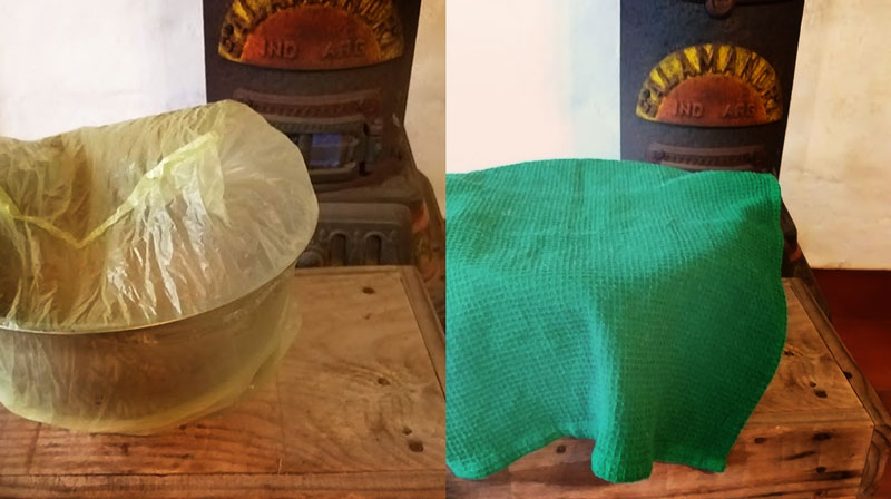 dejar leudar en un lugar cálido, se puede cubrir con una bolsa plástica y con un repasador de tela